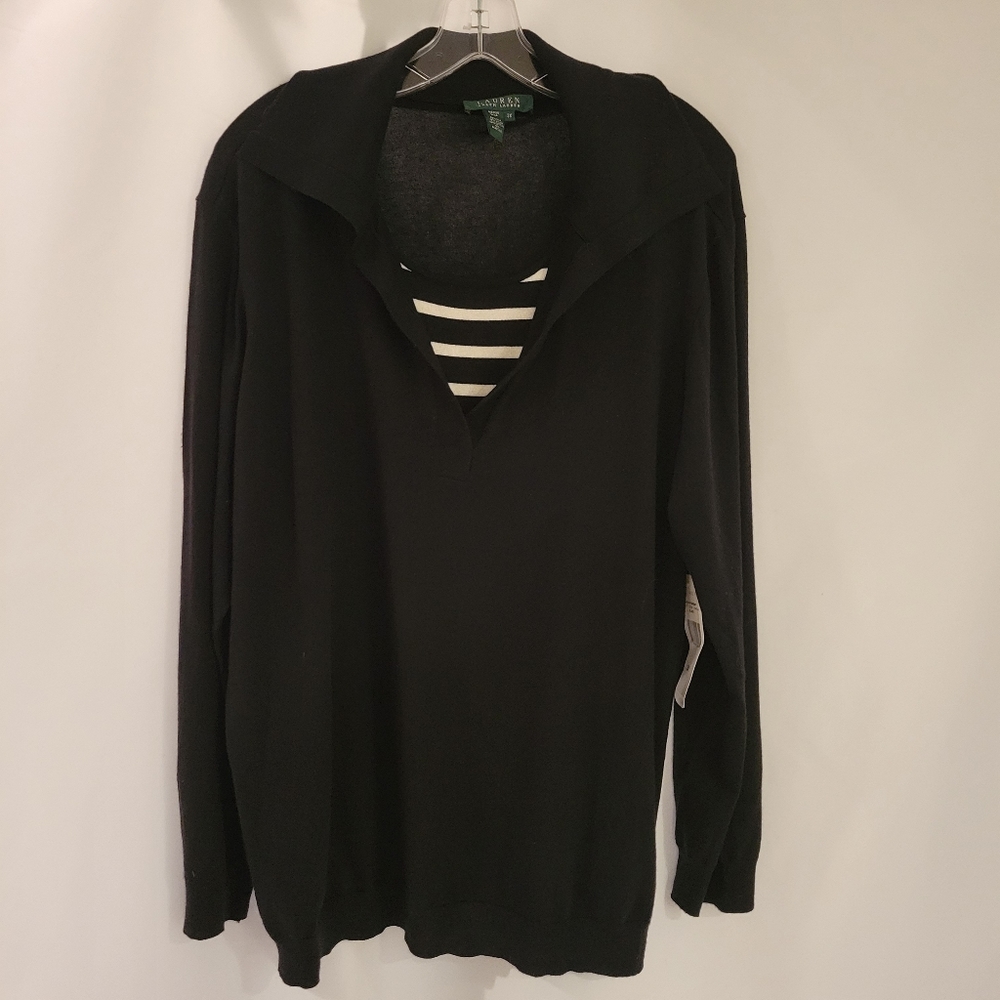 Ralph Lauren 3X Black Pullover Sweater w/Blk&Wht Inset Neckline NWT - Picture 2 of 11